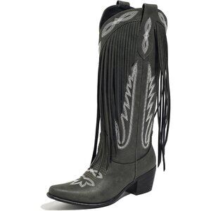 ⚡ Women Black Faux Leather Fringe Knee High Cowgirl Chunky Heel Pull On Boots